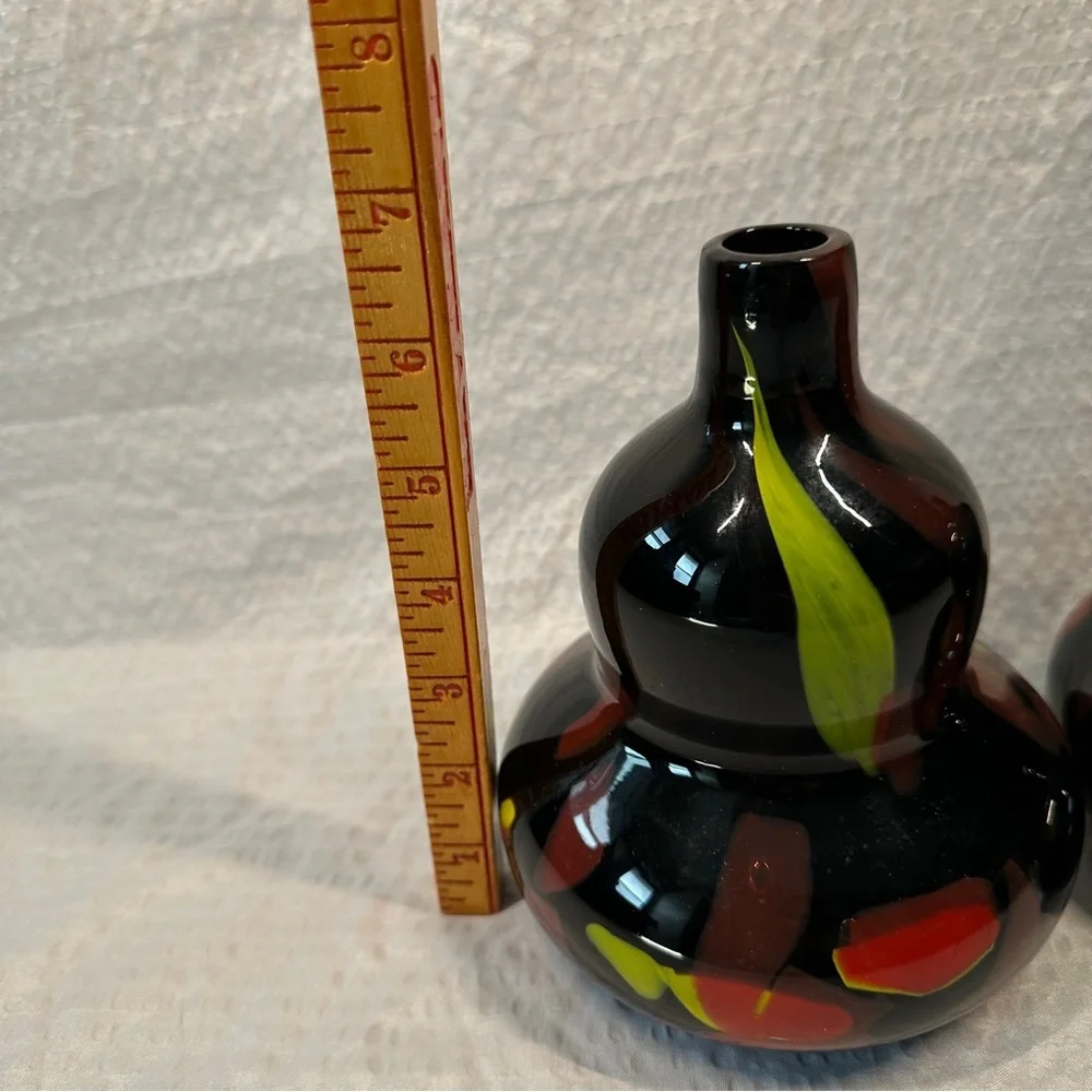 Stunning PAIR Vtg Murano Style Art Glass Vases Black Gourd Shape Red Green MCM